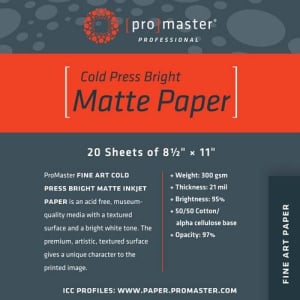 PhotoImage Fine Art Cold Press Bright Matte Paper 8.5"x11"  20 Sht