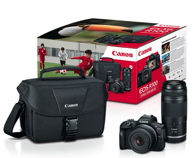 Canon EOS R100 Double Zoom Lens Kit (18-45mm, 75-300mm Lenses, & Bag)