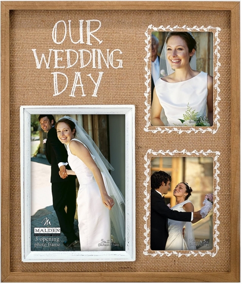 MALDEN "Our Wedding Day" 3-Opening Wood w/ Burlap Frame