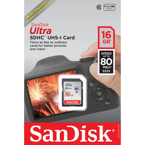 SANDISK Ultra 16GB SDHC Memory Card Class 10   UHS-1   80MB/s